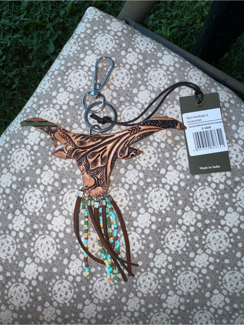MYRA ARROYO BULL HANDTOOLED LEATHER KEY FOB IN HONEY AQUA BEADED - Picture 2 of 3